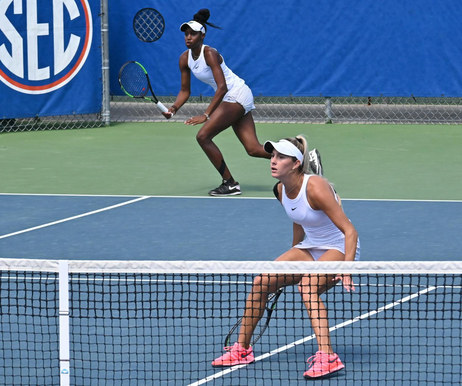 Junior Marlee Zein and senior McCartney Kessler against Arkansas on March 14, 2021. The Gators overcame the Mississippi State Bulldogs Sunday afternoon.