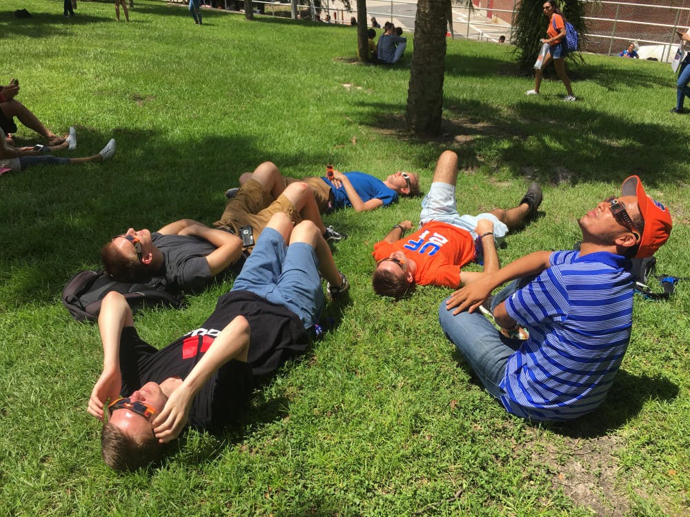 <p>A group of UF students observes the eclipse near the New Physics Building. The eclipse lasted from <span id="docs-internal-guid-de8a71cb-0825-b4fc-1ded-6a004ed0bde9"><span>1:15 p.m. to 4:11 p.m.</span></span></p>
