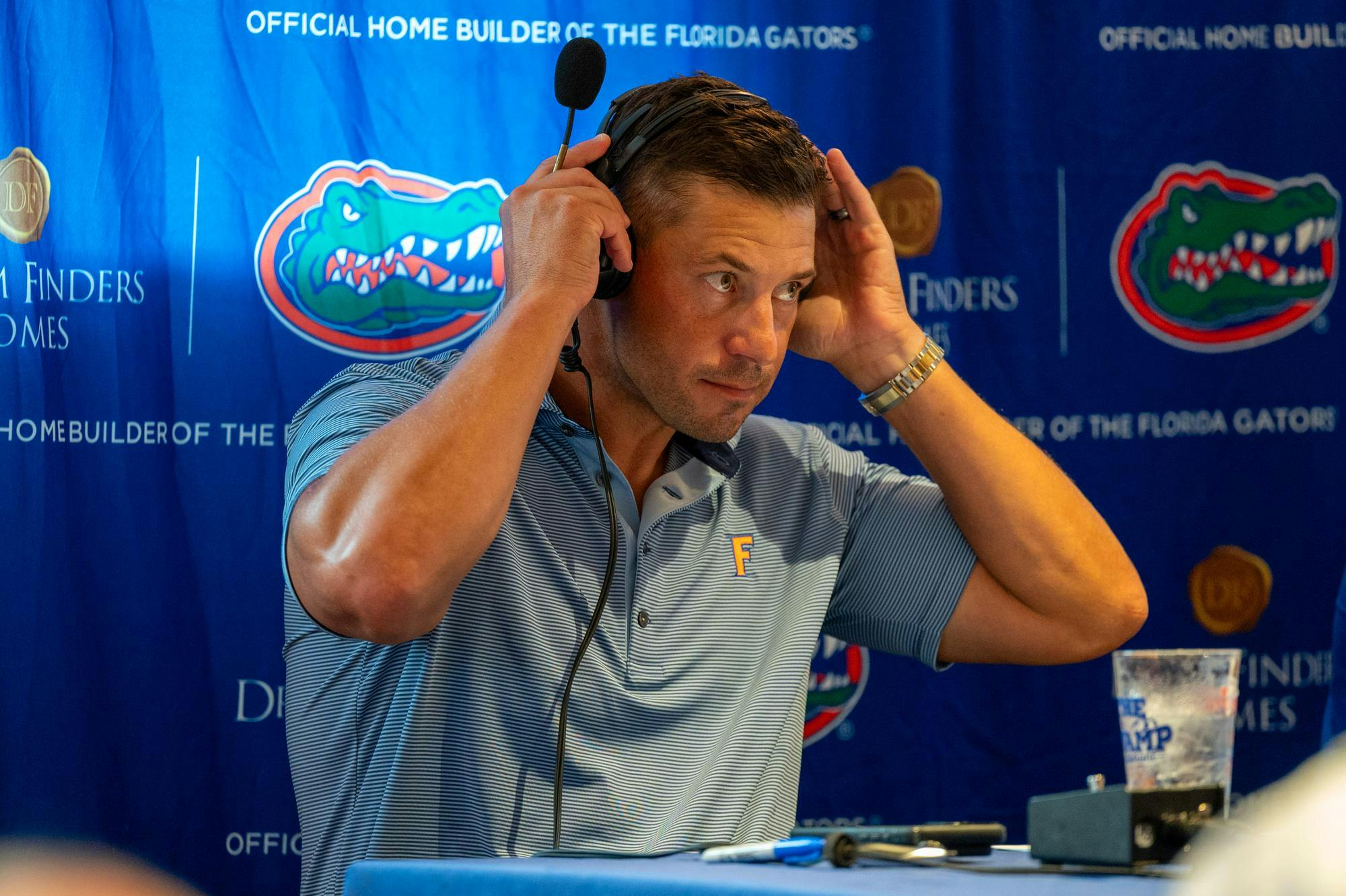 Florida head coach John Sumrall speaks at “Gator Talks” inside the Swamp Restaurant, Monday, Aug. 31, 2026, in Gainesville, Fla.