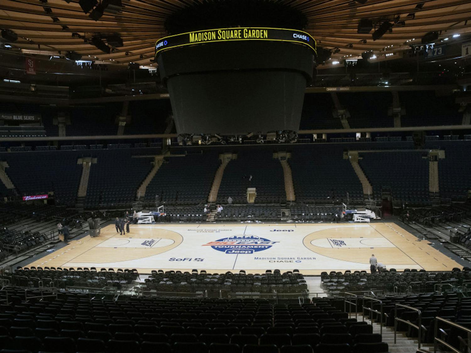 Madison Square Garden is shown after NCAA college basketball games in the men's Big East Conference tournament were cancelled due to concerns about the coronavirus, Thursday, March 12, 2020, in New York. The major conferences in college sports have all cancelled their basketball tournaments because of the new coronavirus, putting the celebrated NCAA Tournament in doubt. (AP Photo/Mary Altaffer)