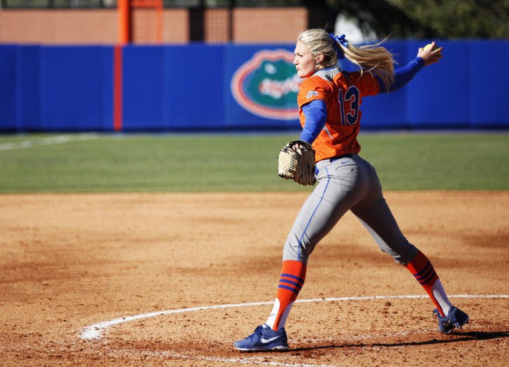 Junior starter Hannah Rogers pitches during Florida’s 9-1 victory against UNC Wilmington on Feb. 17 at Katie Seashole Pressly Stadium. Rogers gave up five runs to Mississippi State in the second inning on Sunday.
