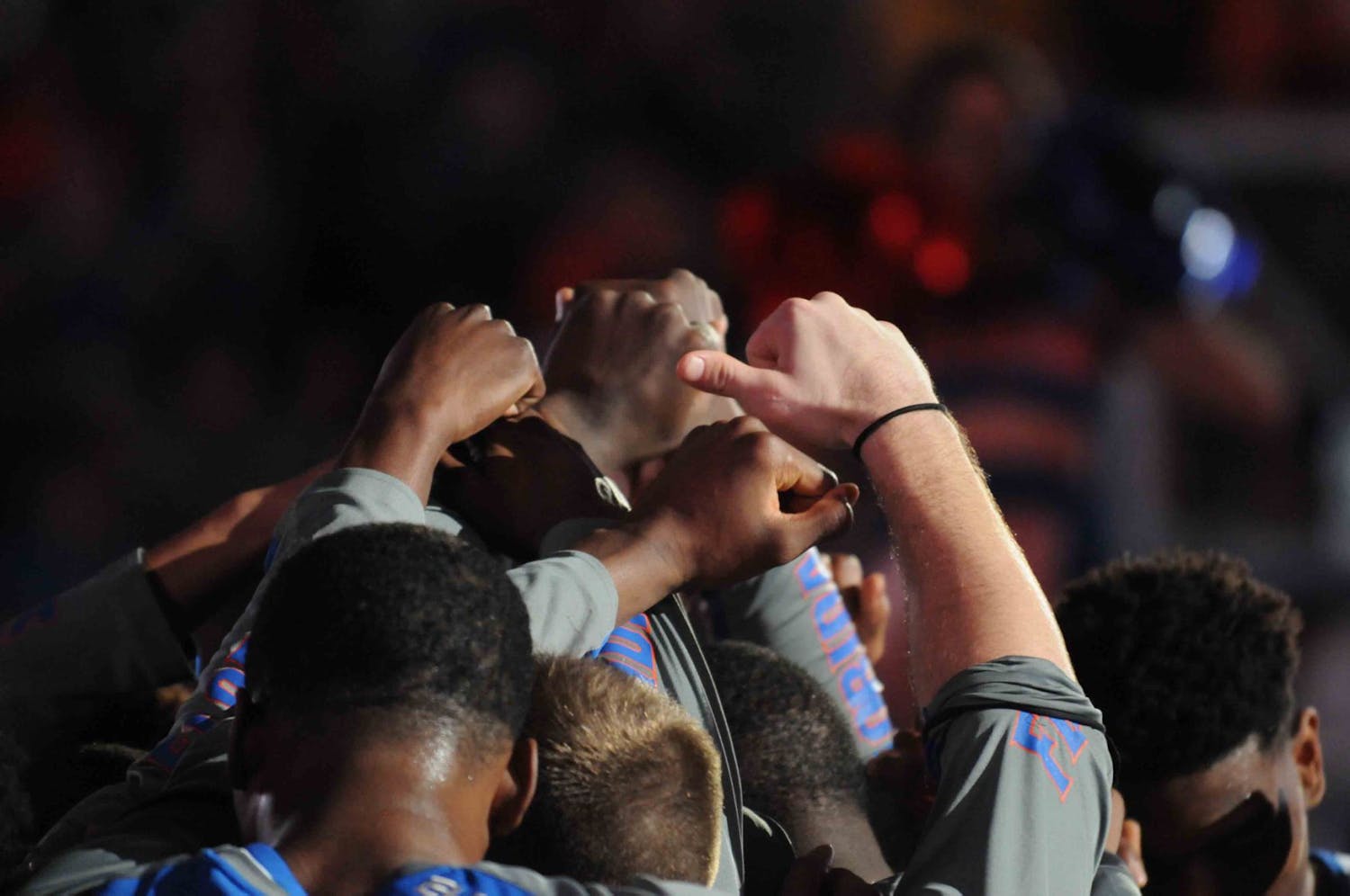 The Florida men’s basketball team huddles prior to its win over West Virginia on Jan. 30, 2016, in the O’Connell Center.