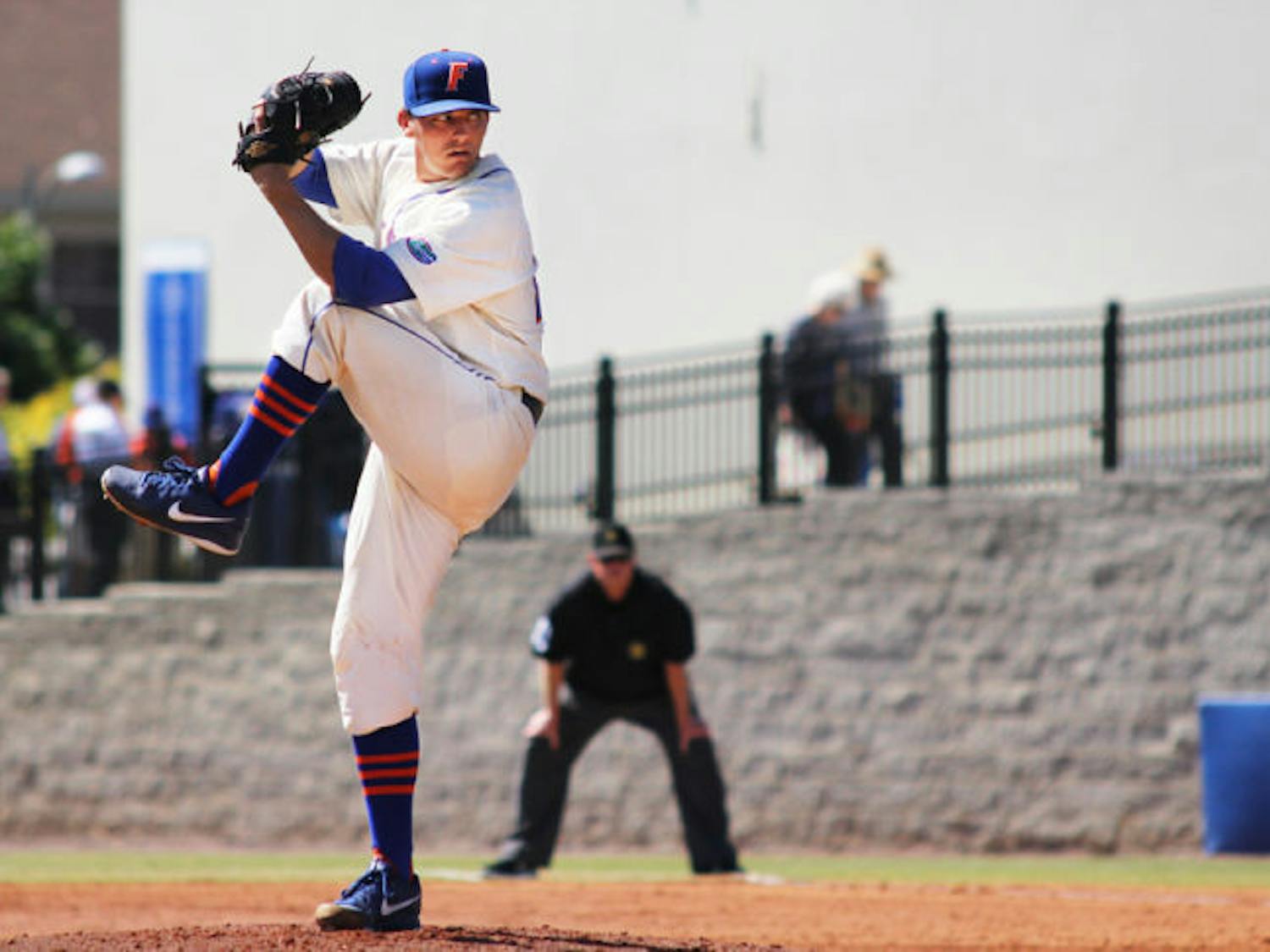 Junior Jonathon Crawford pitches during Florida’s 11-5 loss to Kentucky on March 16 at McKethan Stadium. Crawford&nbsp;allowed just one run in 6.2 innings Thursday against the Bulldogs.