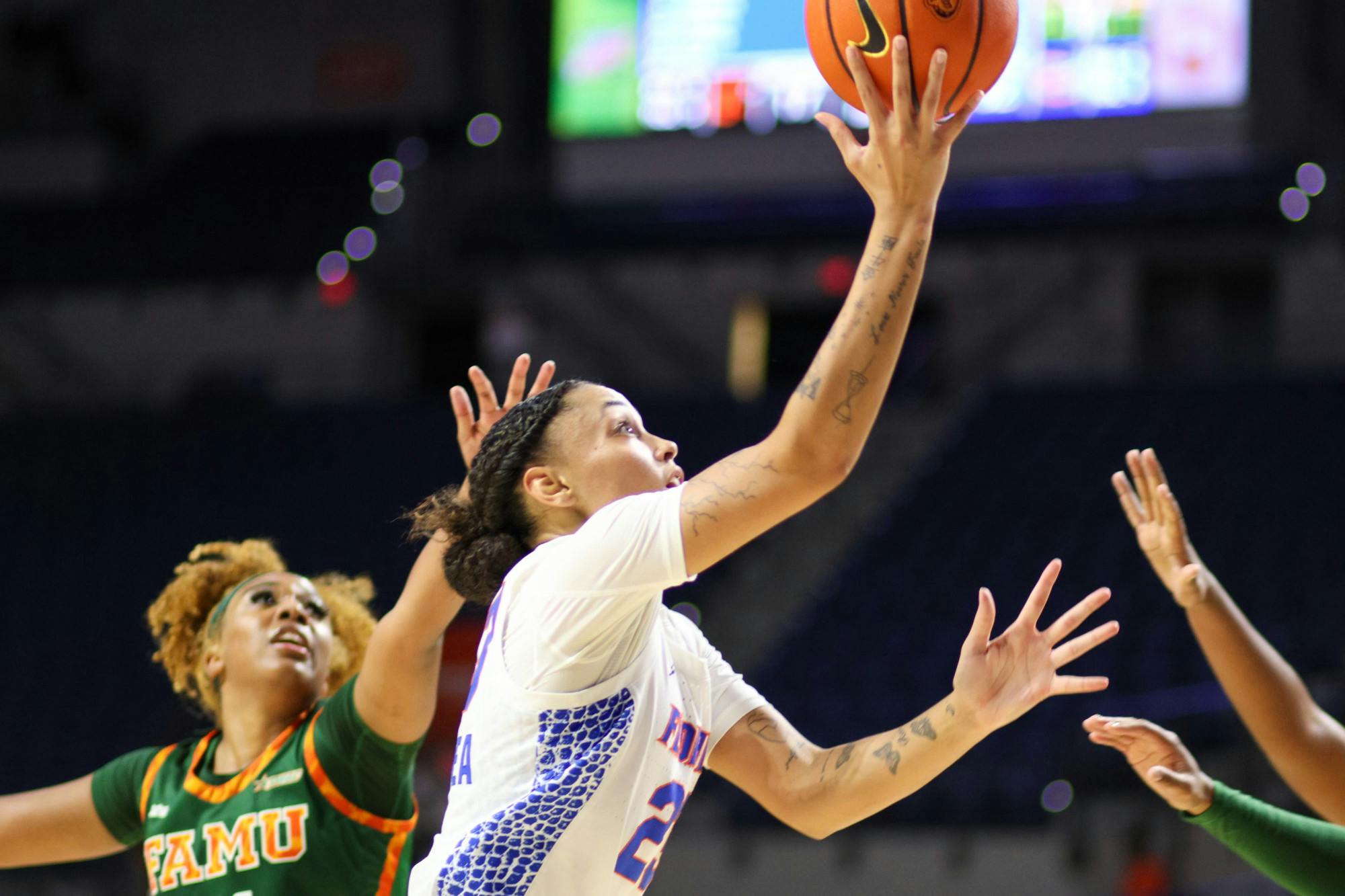 Florida guard Leilani Correa goes up for a layup in the Gators&#x27; 92-54 win over the Florida A&amp;M Rattlers on Monday, November 13, 2023. ﻿