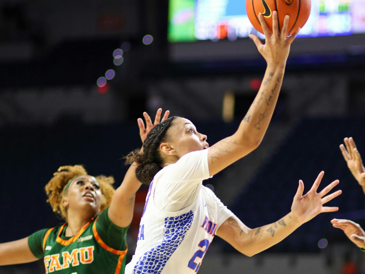 Florida guard Leilani Correa goes up for a layup in the Gators&#x27; 92-54 win over the Florida A&amp;M Rattlers on Monday, November 13, 2023. ﻿
