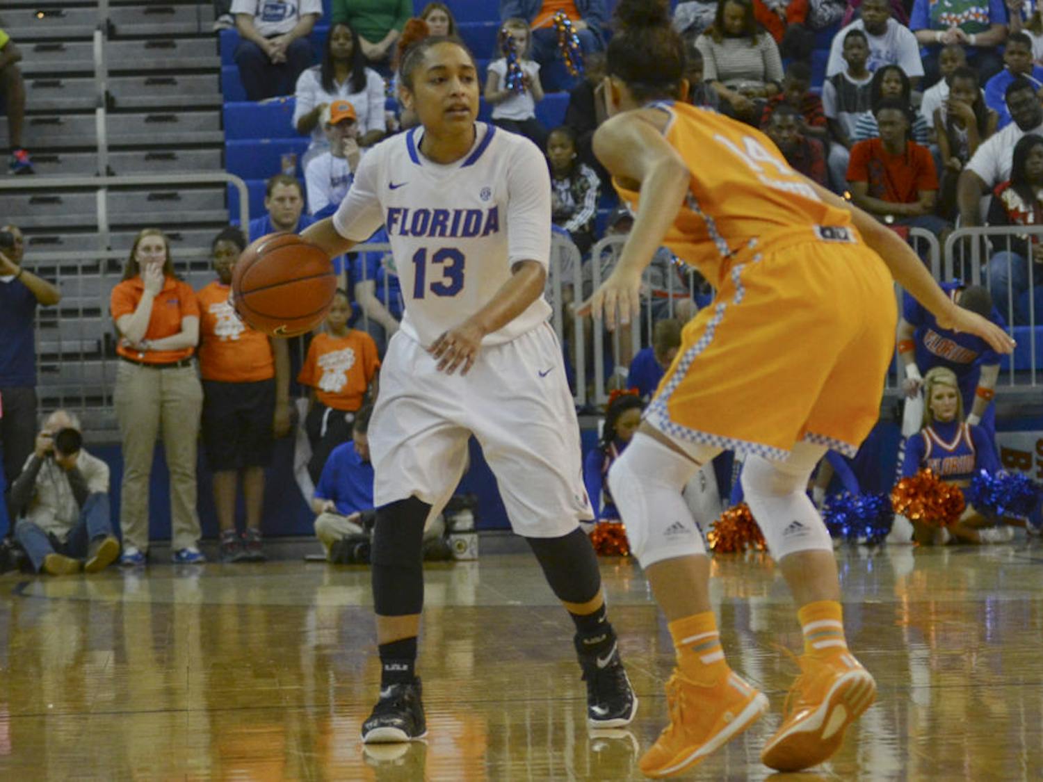 UF point guard Cassie Peoples dribbles during Florida's 64-56 loss to Tennessee on Feb. 8, 2015, in the O'Connell Center.