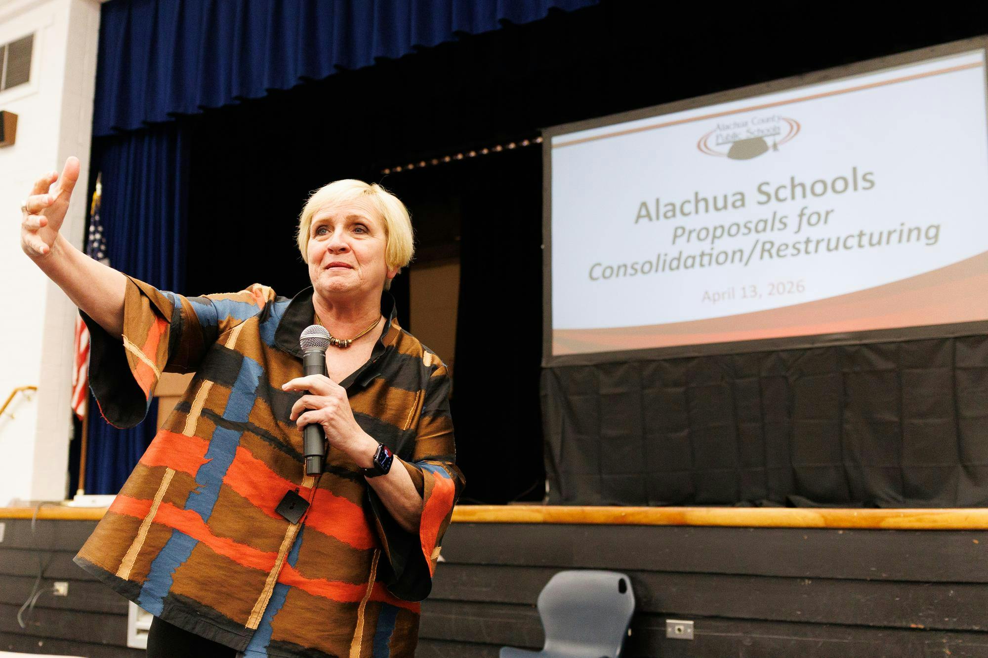 Alachua County Superintendent Kamela Patton speaks at a community rezoning input meeting at A.L. Mebane Middle School in Alachua, Fla., Monday, April 13, 2026.