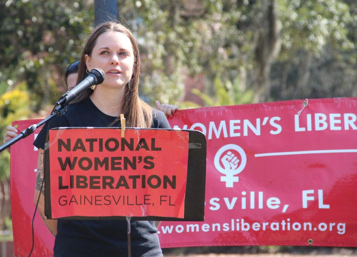 Kendra Vincent, chairwoman of the Gainesville chapter of National Women’s Liberation, advocates for women’s abortion rights. The event was held Monday afternoon on Plaza of the Americas.