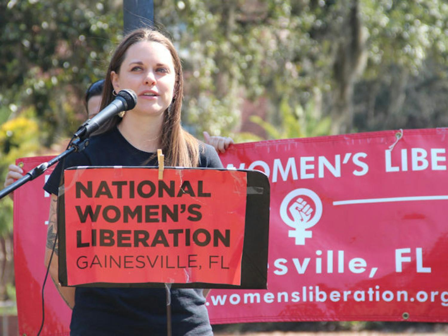 Kendra Vincent, chairwoman of the Gainesville chapter of National Women’s Liberation, advocates for women’s abortion rights. The event was held Monday afternoon on Plaza of the Americas.