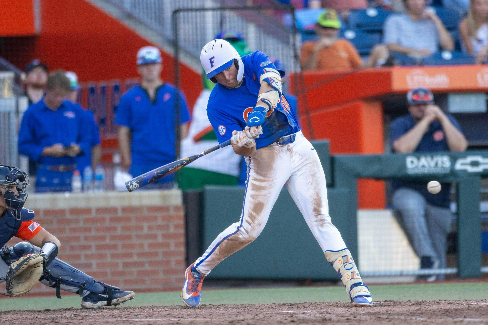 Florida infielder Ethan Surowiec (10) hits during an NCAA college baseball game against Auburn at Condron Family Ballpark in Gainesville, Fla., Friday, April 17, 2026.