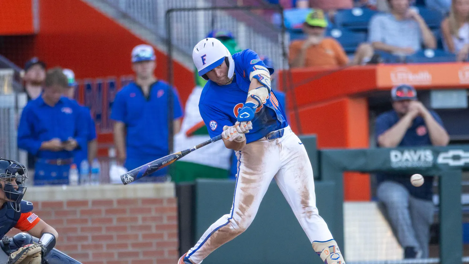 Florida infielder Ethan Surowiec (10) hits during an NCAA college baseball game against Auburn at Condron Family Ballpark in Gainesville, Fla., Friday, April 17, 2026.