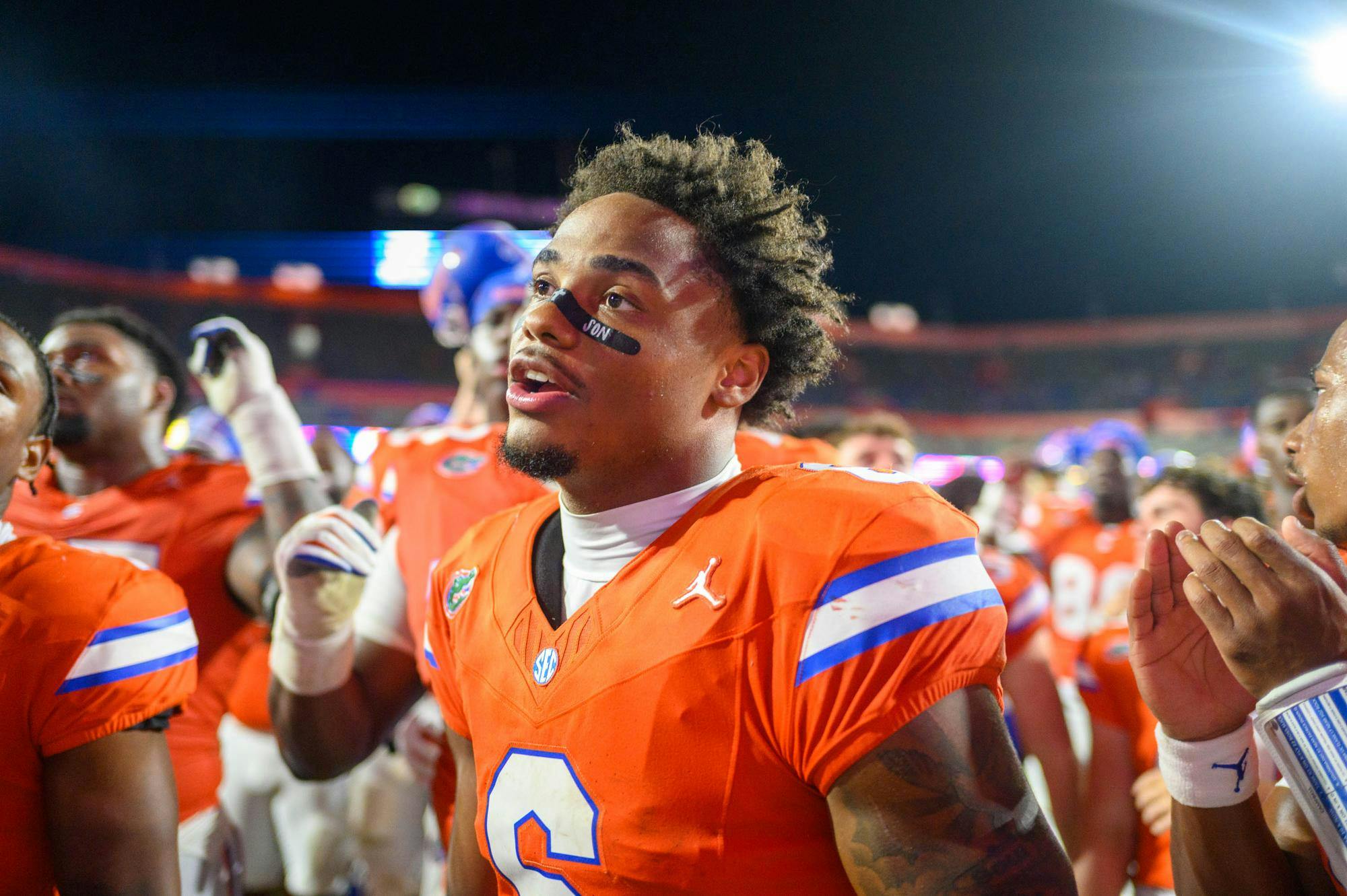 Florida wide receiver Dallas Wilson (6) dances and sings after an NCAA college football game against Campbell, Saturday, Sept. 12, 2026, in Gainesville, Fla.