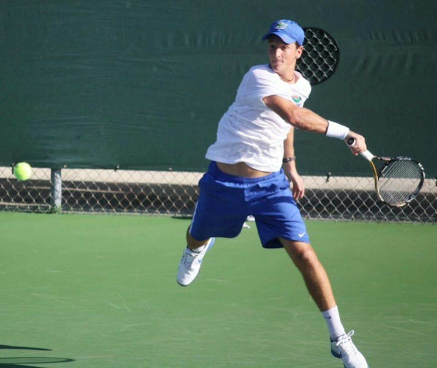 Florida redshirt freshman Gordon Watson hits a ball during the Bedford Cup on Sept. 15, 2012, at the Alfred A. Ring Tennis Complex.