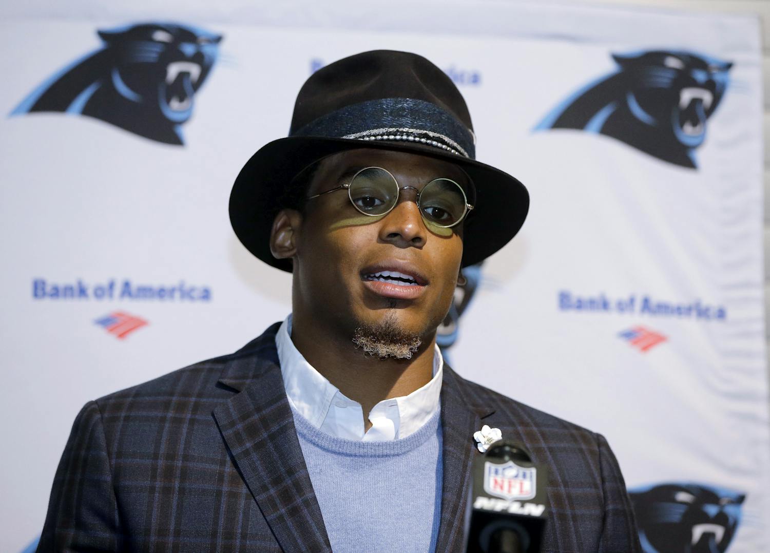 Carolina Panthers quarterback Cam Newton speaks to the media following an NFL football game against the Carolina Panthers, Sunday, Oct. 1, 2017, in Foxborough, Mass. (AP Photo/Steven Senne)