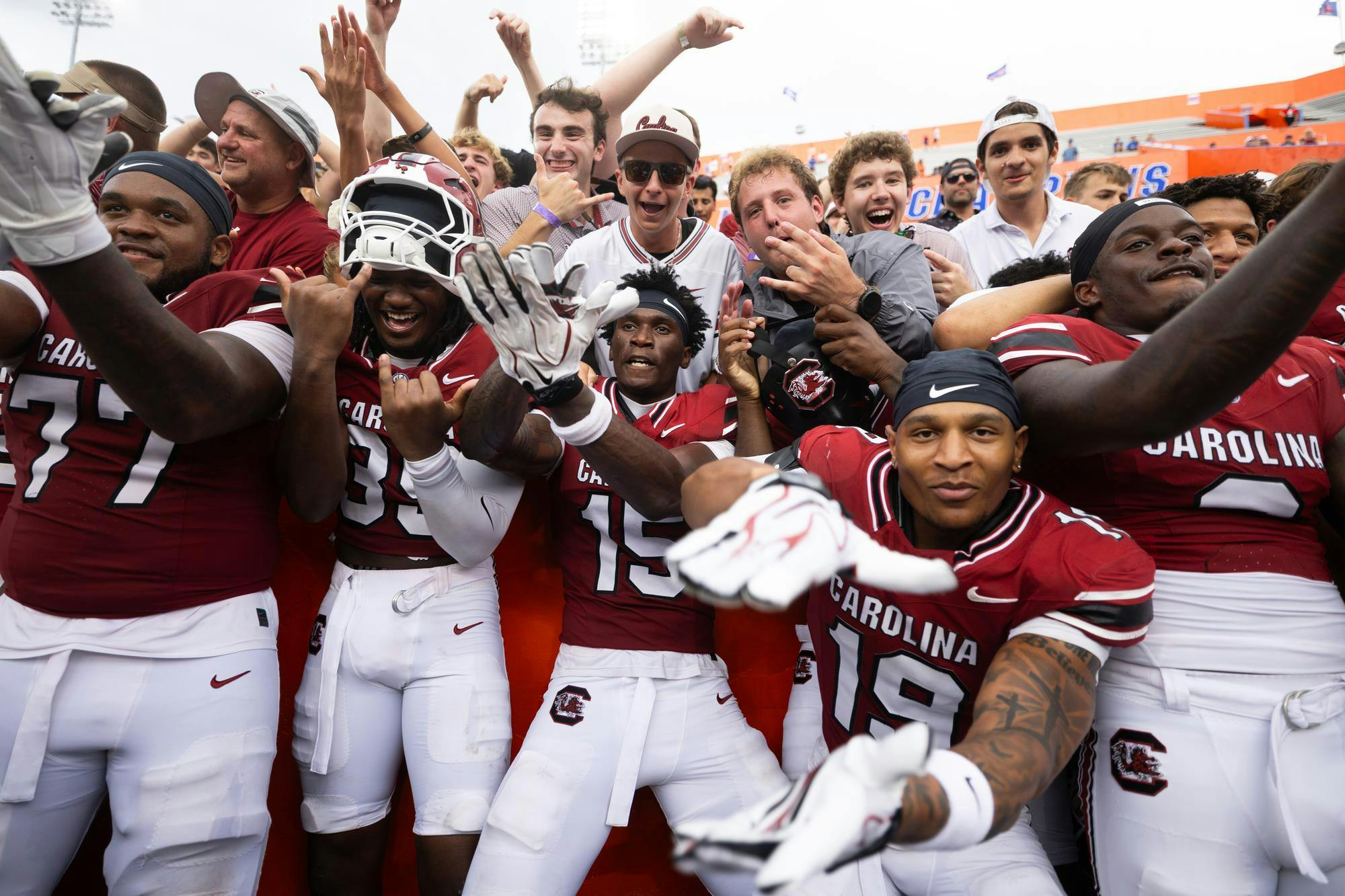 South Carolina players and fans celebrate the 38-19 Gamecocks win after an NCAA college football game against Florida, Saturday, Oct. 10, 2026, in Gainesville, Fla.