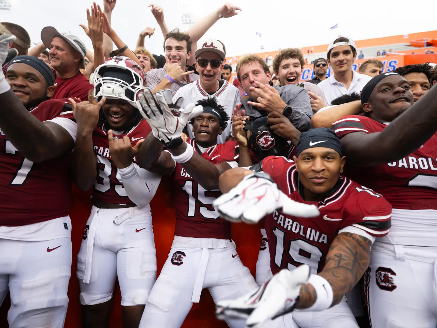 South Carolina players and fans celebrate the 38-19 Gamecocks win after an NCAA college football game against Florida, Saturday, Oct. 10, 2026, in Gainesville, Fla.