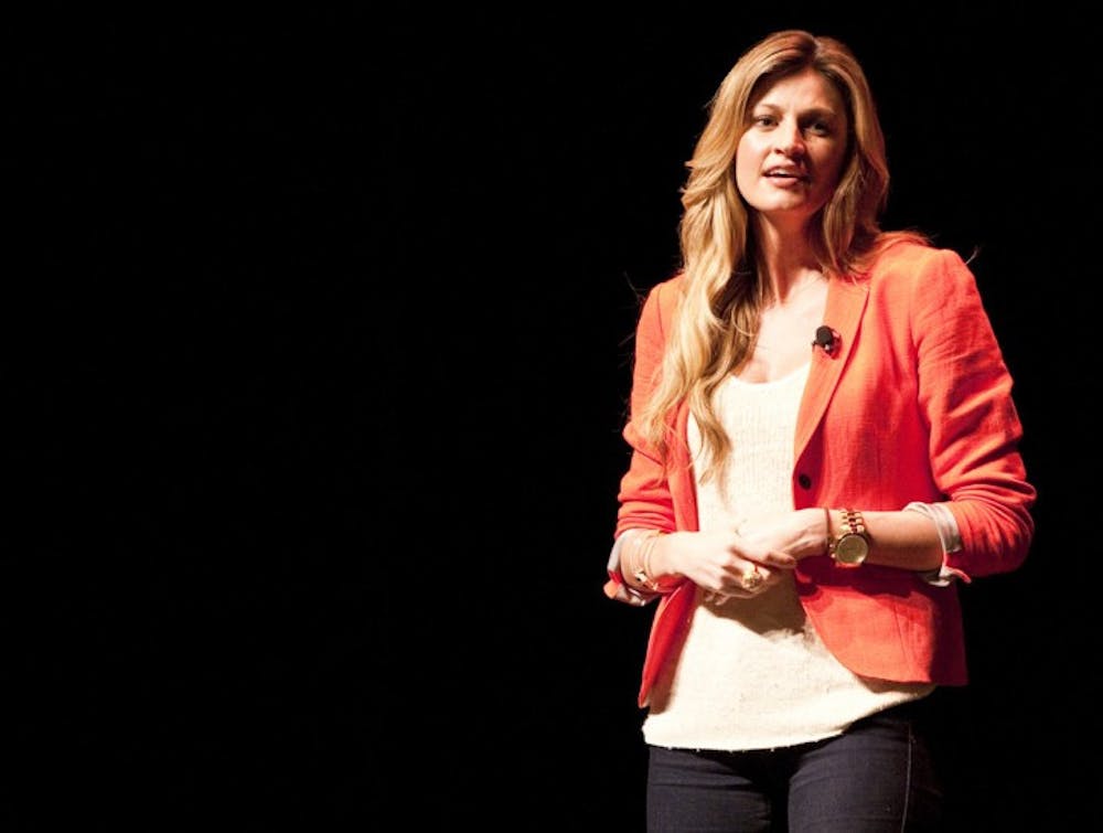 <p>Erin Andrews speaks at the Phillips Center for the Performing Arts on Wednesday night.</p>
