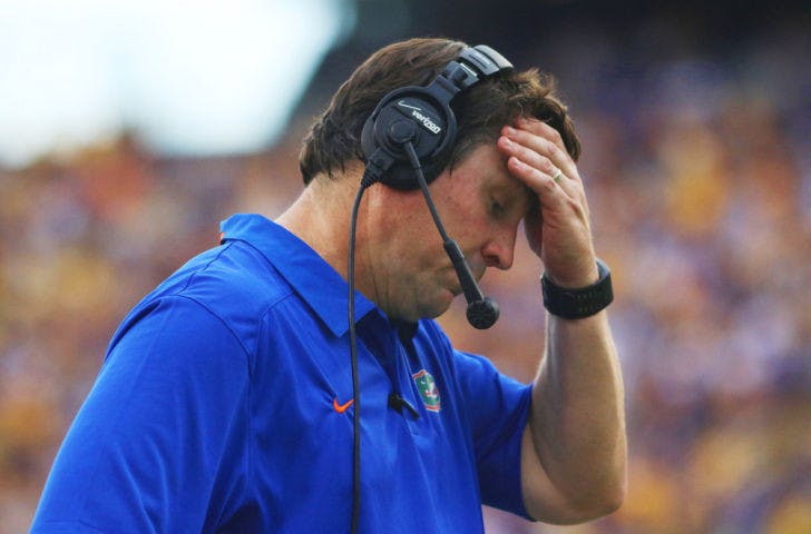 Will Muschamp reacts to a call during Florida’s 17-6 loss to LSU on Saturday at Tiger Stadium in Baton Rouge, La. Despite the loss, the Gators can still win the Southeastern Conference Eastern Division.