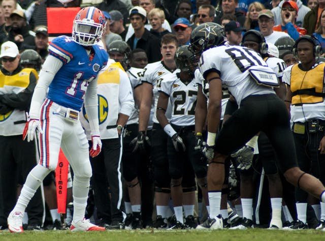 Florida cornerback Jaylen Watkins (14) said the Gators’ secondary has to concentrate on taking the ball out of South Carolina receiver Alshon Jeffery’s hands this Saturday.