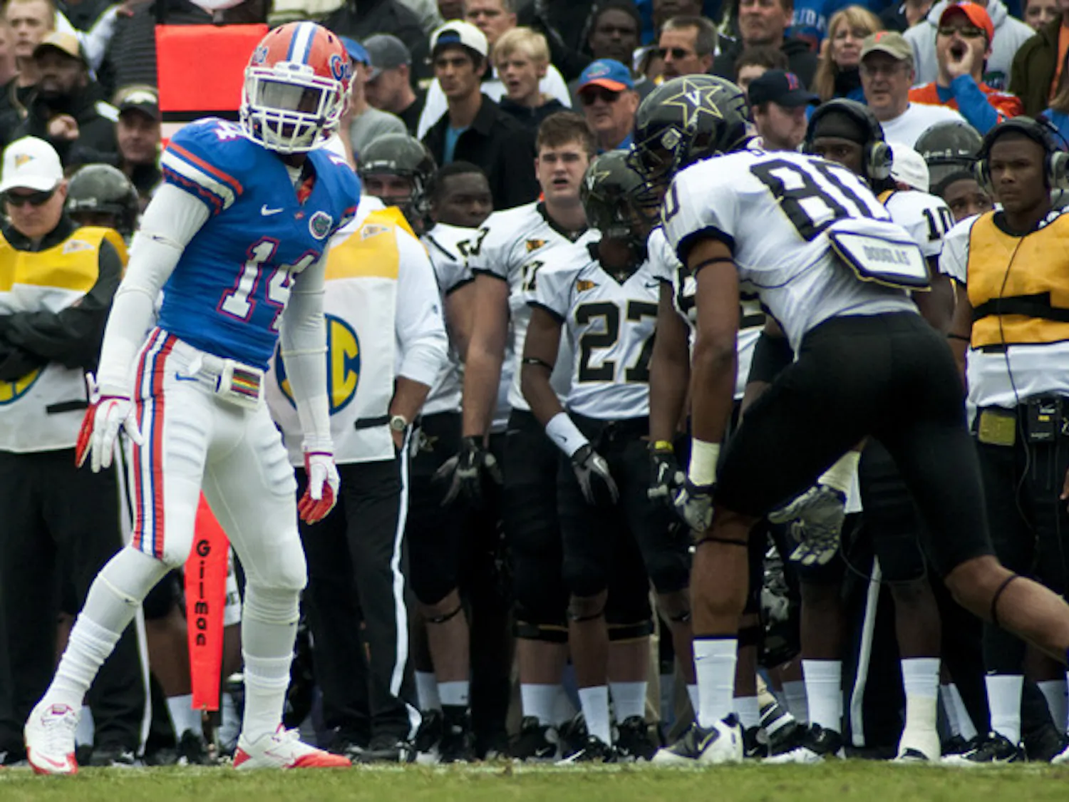 Florida cornerback Jaylen Watkins (14) said the Gators’ secondary has to concentrate on taking the ball out of South Carolina receiver Alshon Jeffery’s hands this Saturday.
