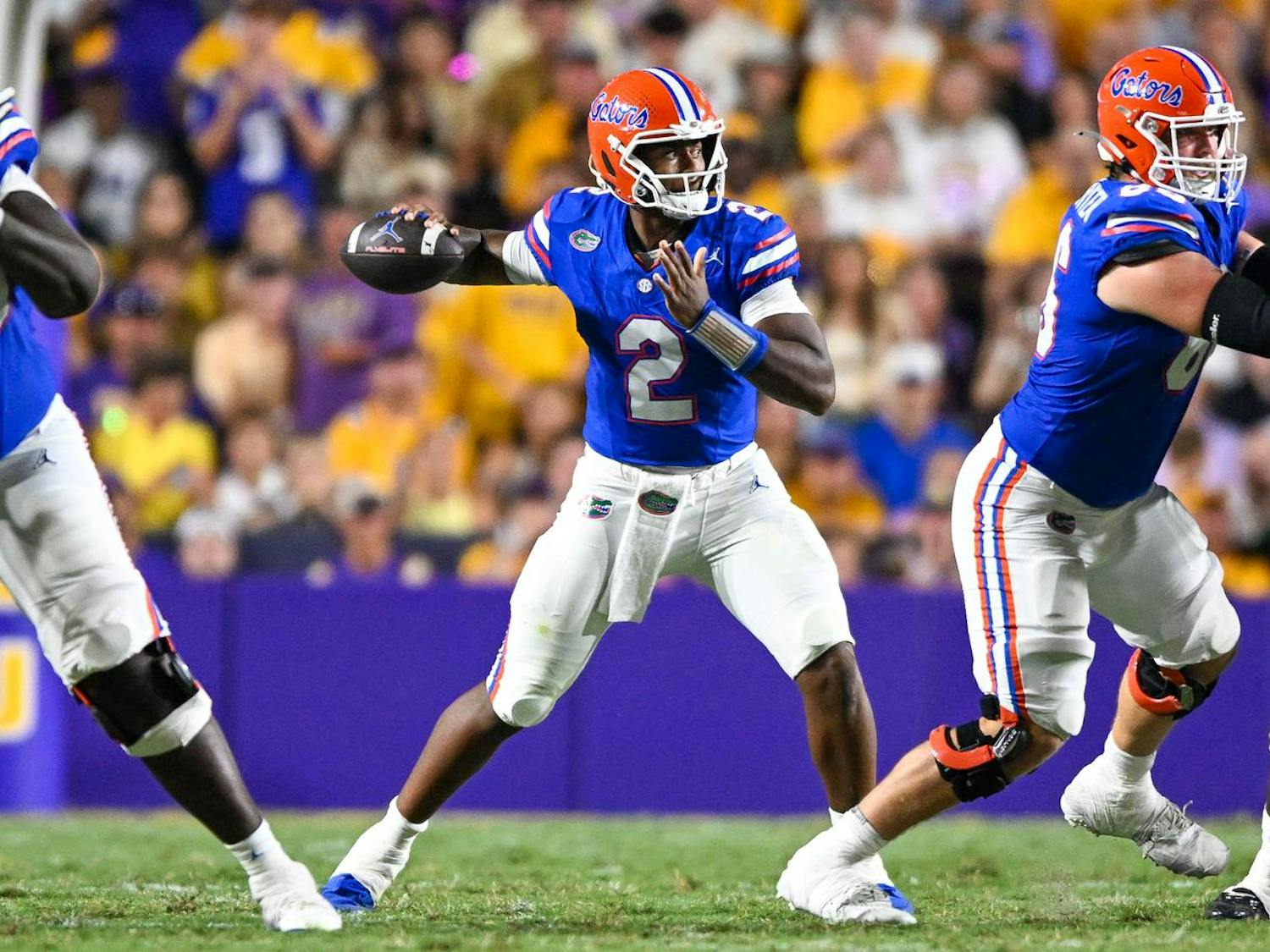Florida Gators quarterback DJ Lagway (2) throws the ball during a football game between the Louisiana State Tigers and the Florida Gators on Saturday, Sept. 13th, 2025, at Tiger Stadium in Baton Rouge, La.