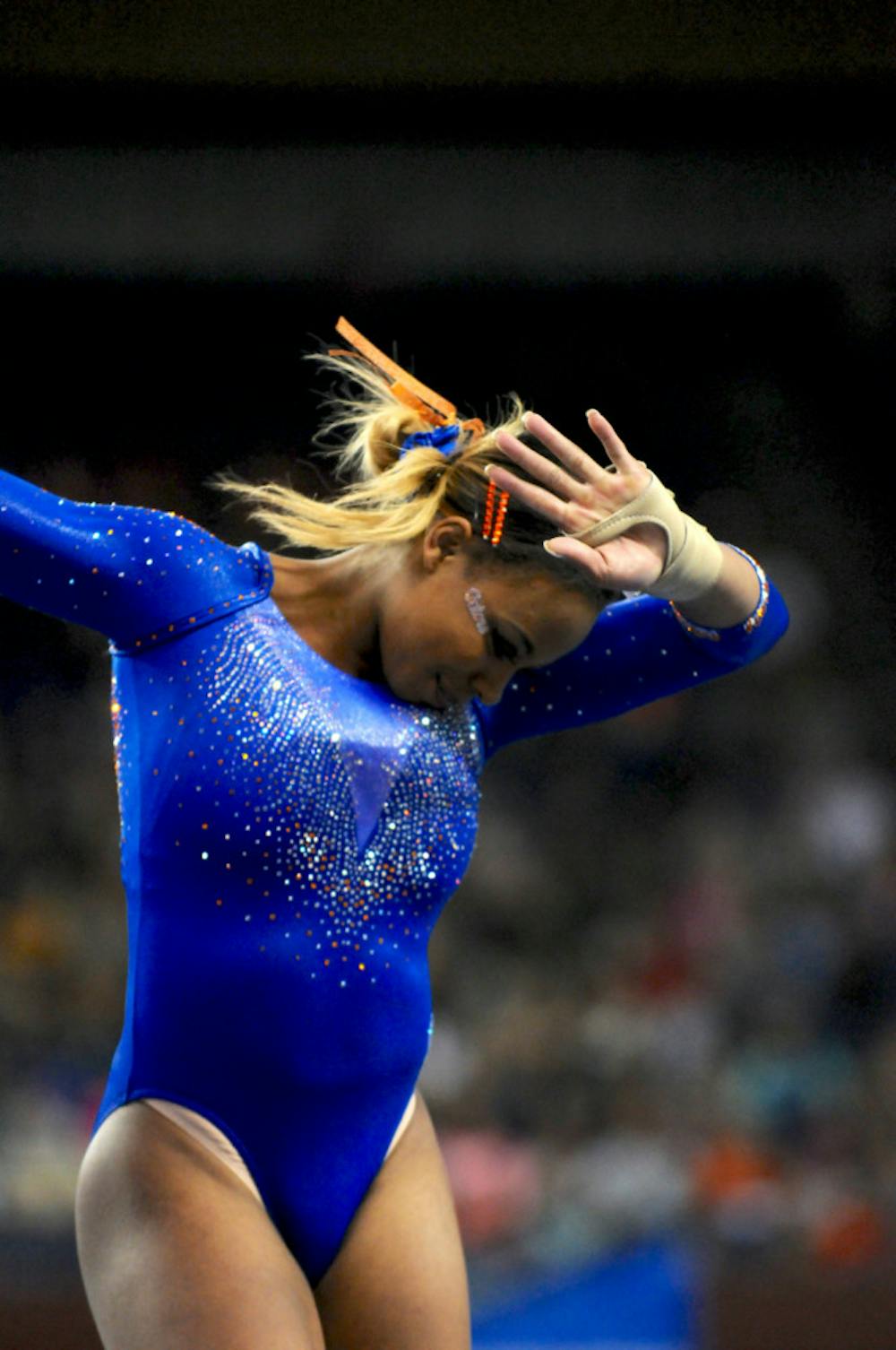 <p>Kennedy Baker performs her floor exercise routine during the NCAA Gymnastics Super Six on April 16, 2016, in Fort Worth, Texas.</p>