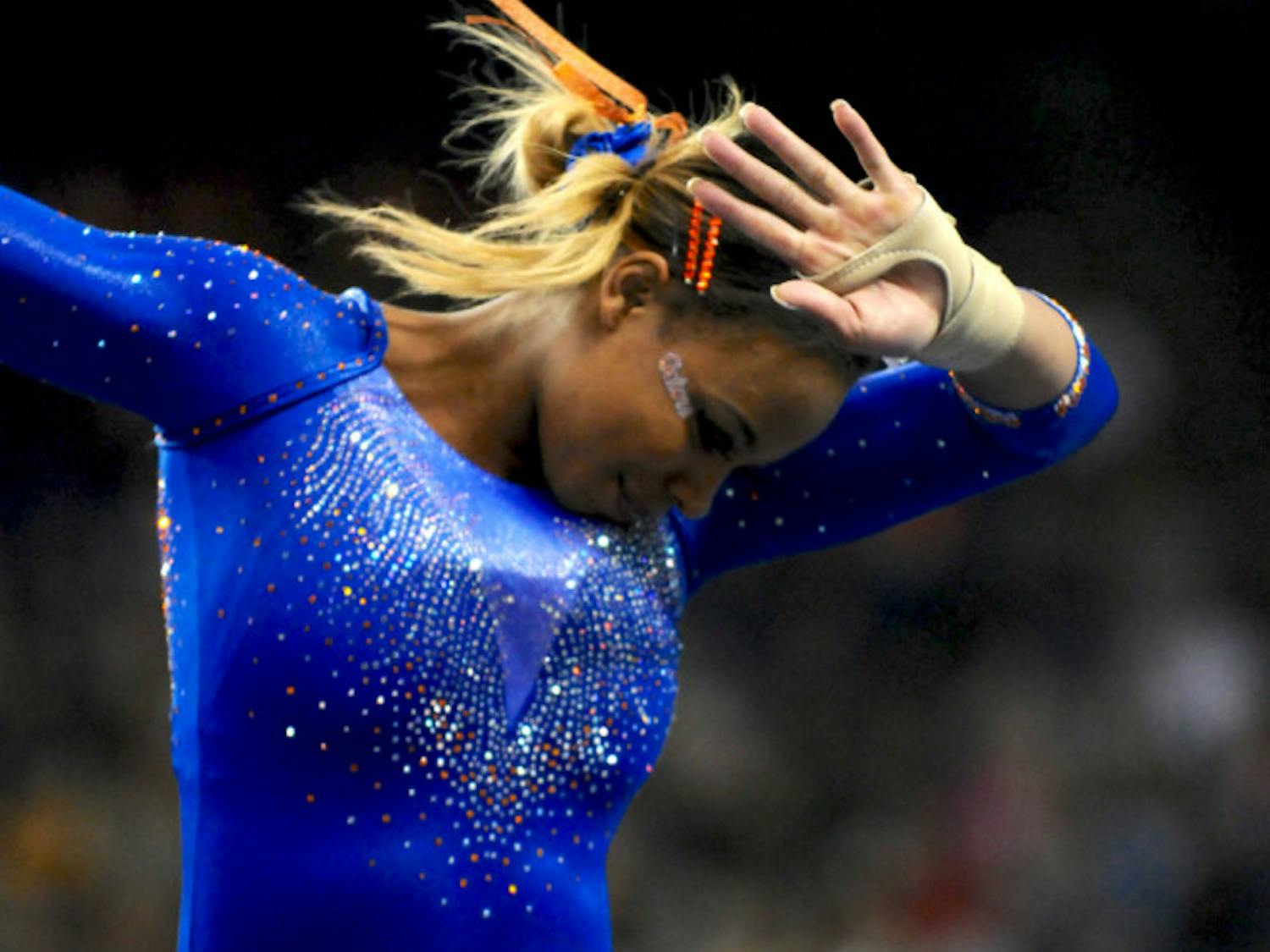 Kennedy Baker performs her floor exercise routine during the NCAA Gymnastics Super Six on April 16, 2016, in Fort Worth, Texas.