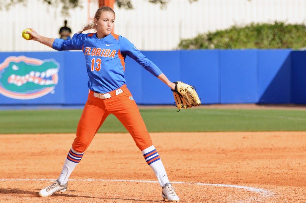 <p align="justify">Hannah Rogers pitches during Florida’s 8-0 win against Indiana on Feb. 22 at Katie Seashole Pressly Stadium.</p>