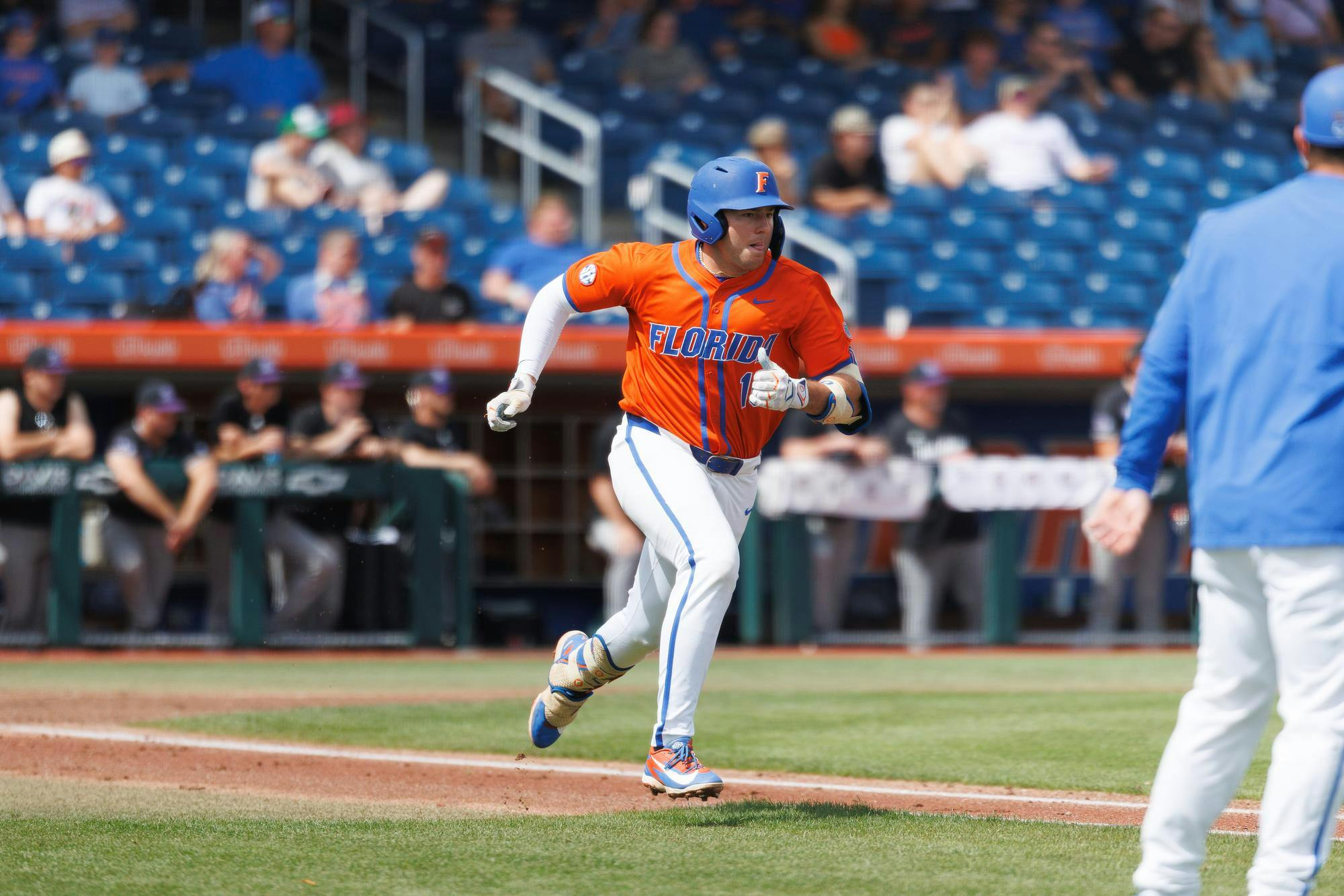 Florida infielder Ethan Surowiec (10) runs to first base during an NCAA baseball game against High Point University, Sunday, March 8, 2026, in Gainesville, Fla.