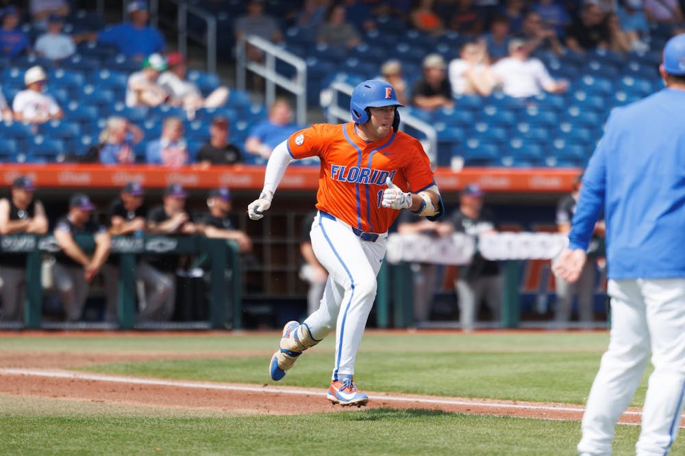 <p>Florida infielder Ethan Surowiec (10) runs to first base during an NCAA baseball game against High Point University, Sunday, March 8, 2026, in Gainesville, Fla.</p>