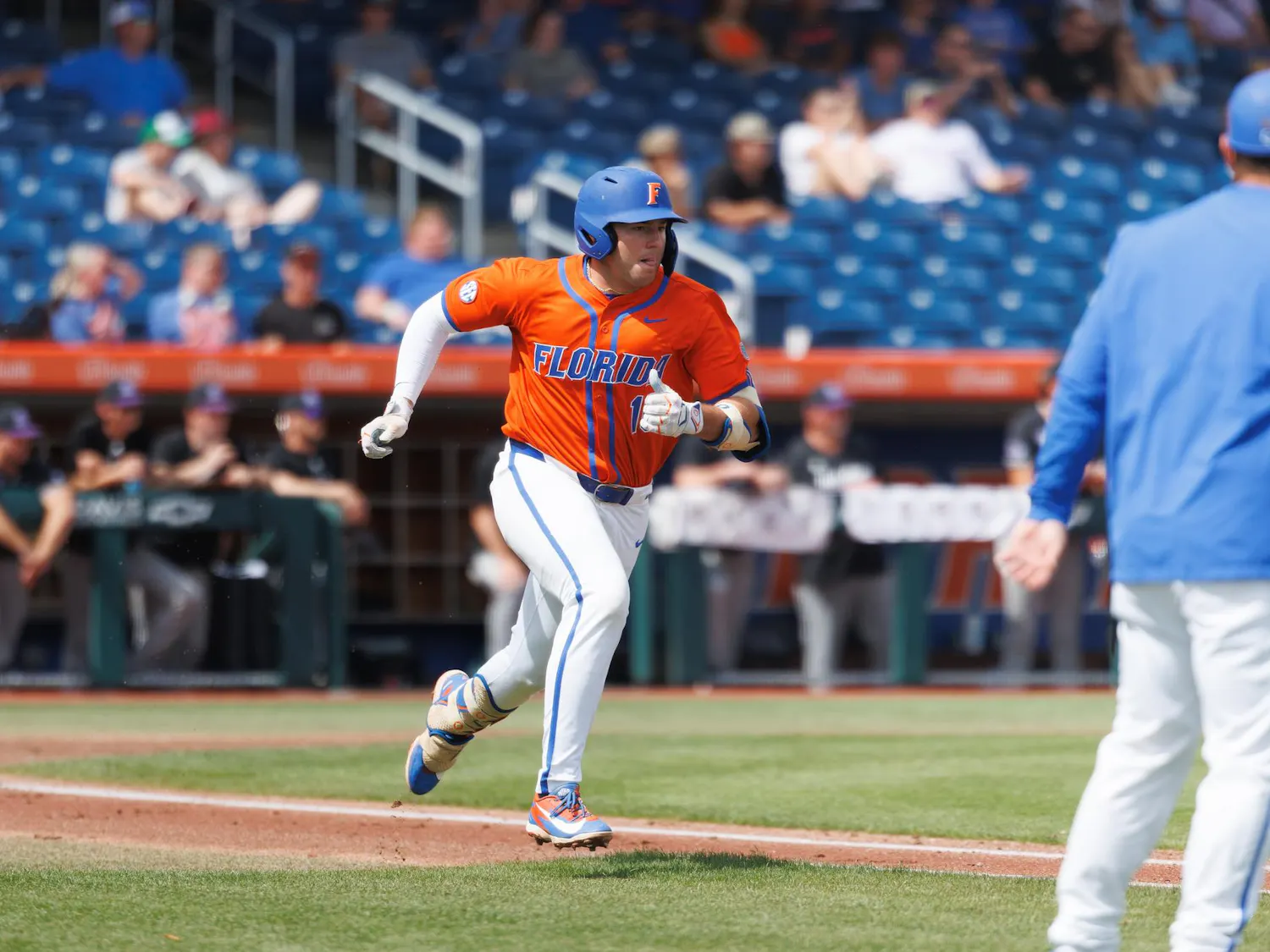 Florida infielder Ethan Surowiec (10) runs to first base during an NCAA baseball game against High Point University, Sunday, March 8, 2026, in Gainesville, Fla.