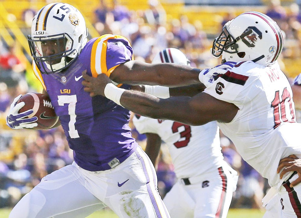 LSU running back Leonard Fournette rushes during LSU's 45-24 win against South Carolina.