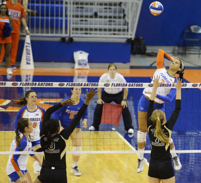 Gabby Mallette prepares to hit the ball during Florida’s four-set victory against Western Michigan on Sept. 14 in the O’Connell Center. The sophomore outside hitter totaled 17 kills last weekend.