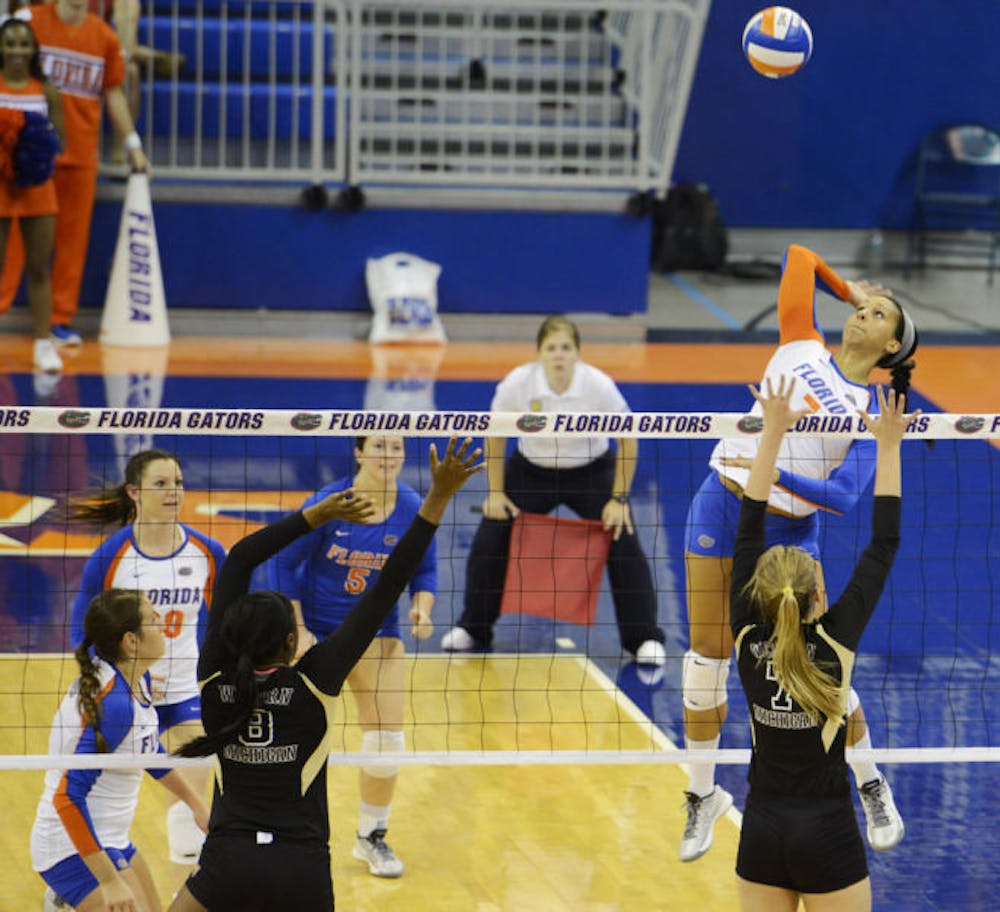 <p>Gabby Mallette prepares to hit the ball during Florida’s four-set victory against Western Michigan on Sept. 14 in the O’Connell Center. The sophomore outside hitter totaled 17 kills last weekend.</p>