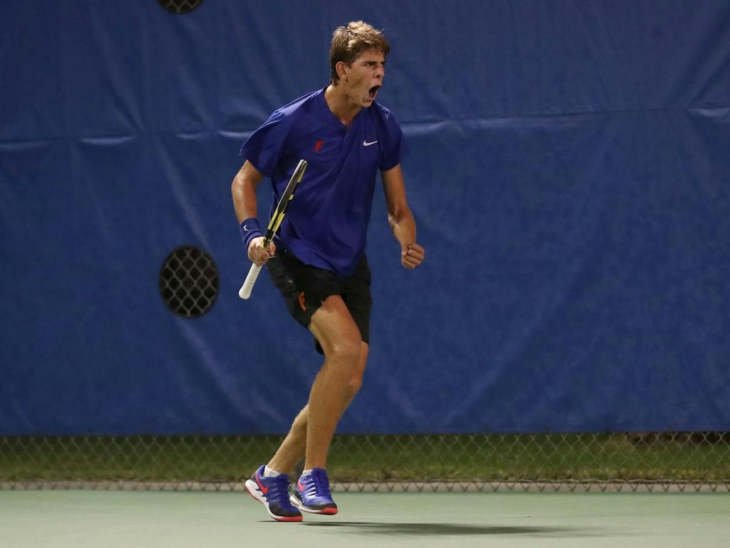 Blaise Bicknell's racket caught fire as he boasts a perfect SEC record this season. Courtesy of the UAA.