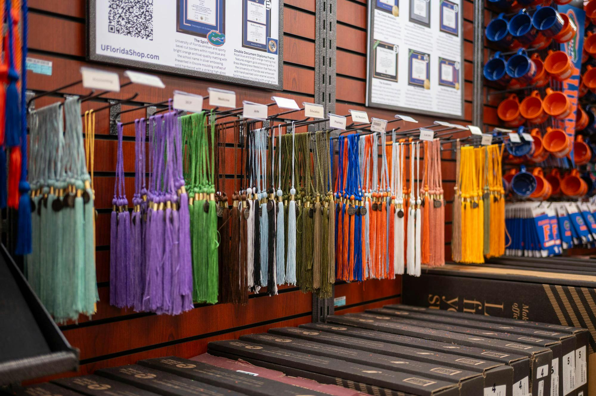 Graduation tassels sit on sale at the UF Bookstore in the Reitz Union, Friday, April 10, 2026, in Gainesville, Fla.