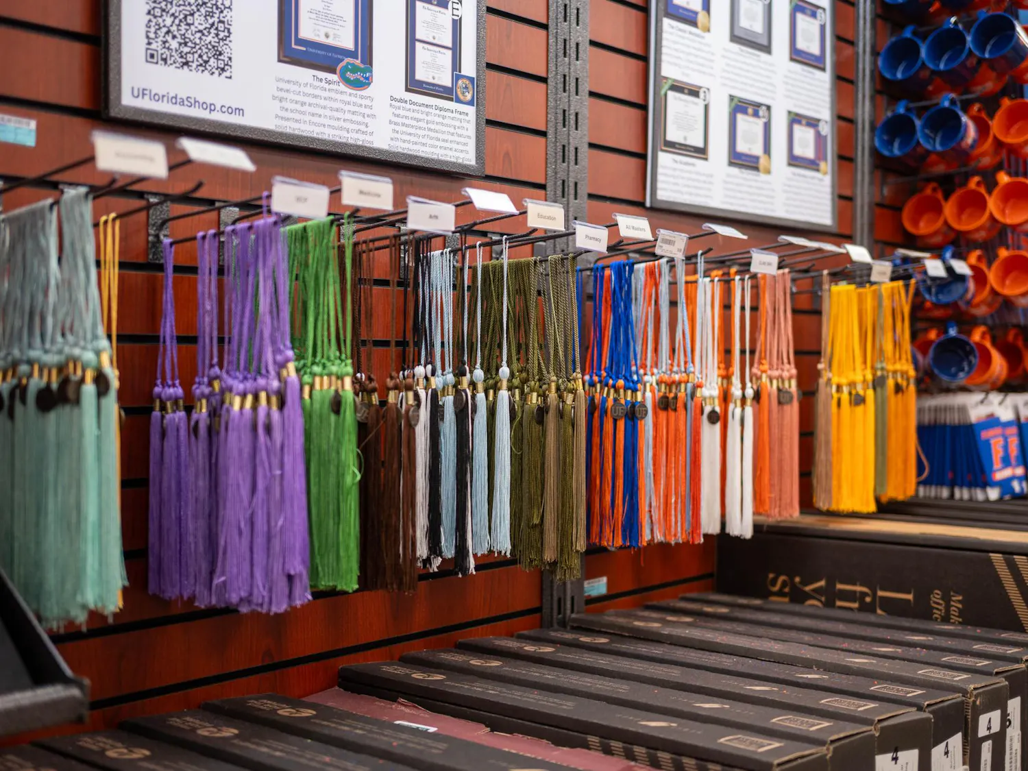 Graduation tassels sit on sale at the UF Bookstore in the Reitz Union, Friday, April 10, 2026, in Gainesville, Fla.