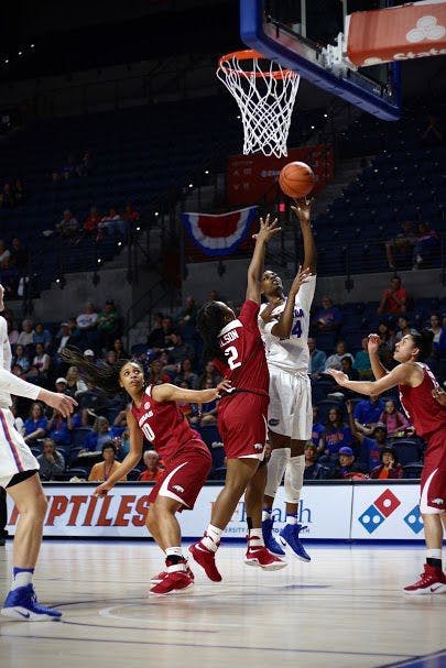 UF center Tyshara Fleming attempts a lay-up during Florida's 57-53 win against Arkansas on Feb. 9, 2017, in the O'Connell Center.&nbsp;