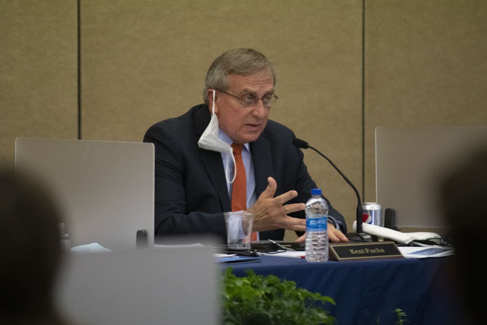 <p>UF President Kent Fuchs addresses the Board of Trustees in 2020. He announced he would step down from his role at the beginning of the Spring semester. </p>