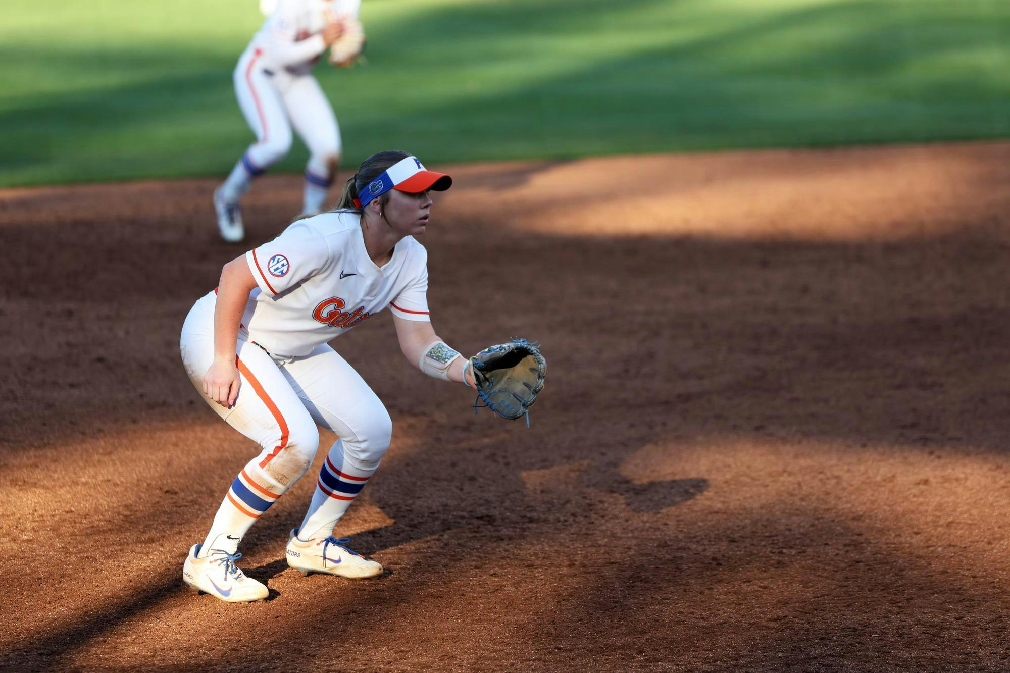 Florida infielder Kenleigh Cahalan (31) gets set before a pitch during a game against Longwood at Katie Seashole Pressly Stadium in Gainesville, Fla., on Friday, Feb. 20, 2025.