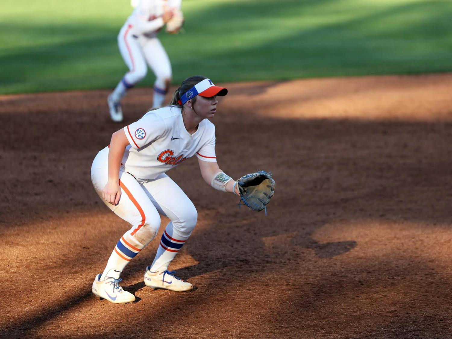 Florida infielder Kenleigh Cahalan (31) gets set before a pitch during a game against Longwood at Katie Seashole Pressly Stadium in Gainesville, Fla., on Friday, Feb. 20, 2025.