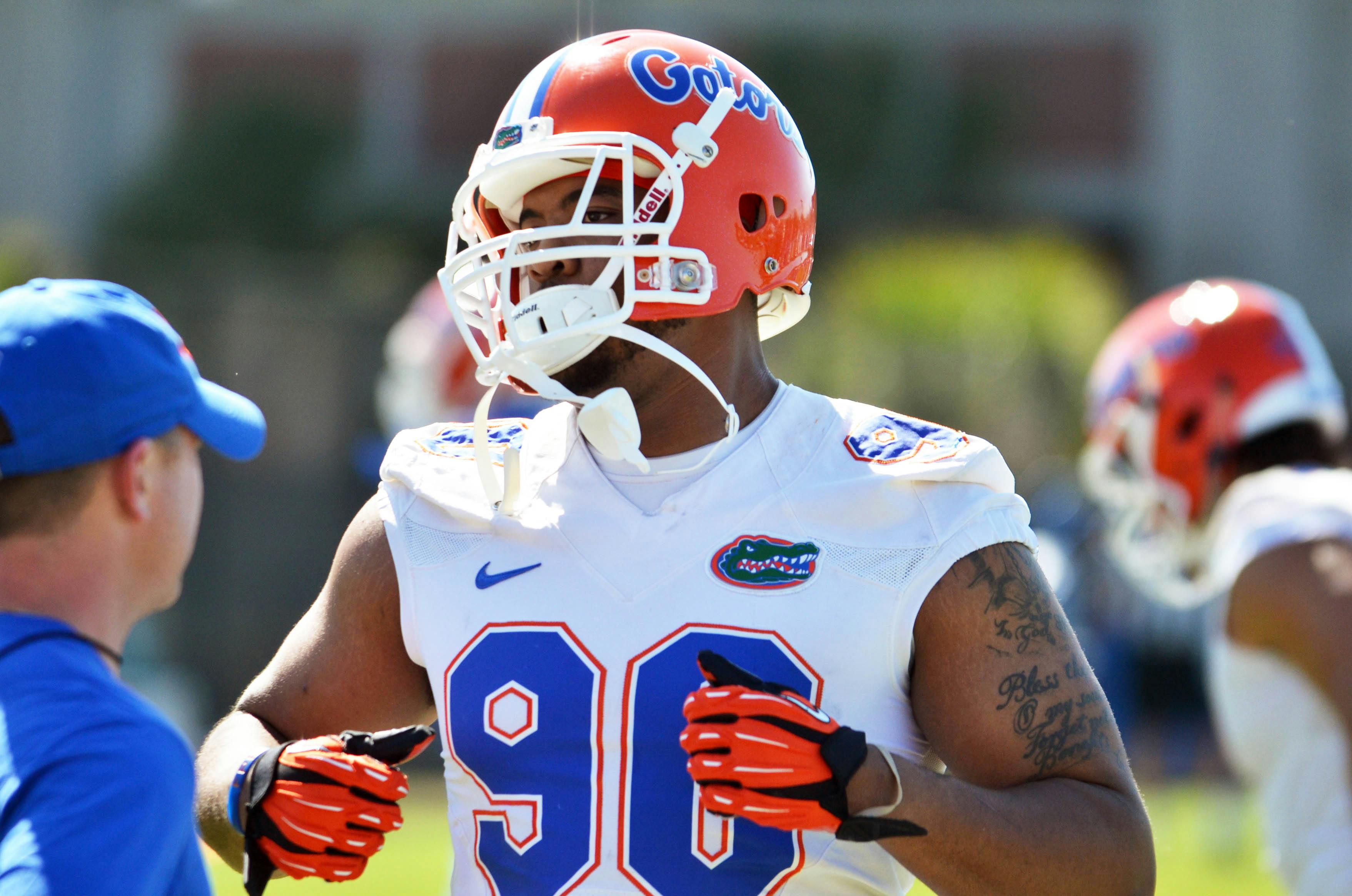Jon Bullard participates in the Florida football team's first Spring practice of 2015 on Monday at Donald R. Dizney Stadium.