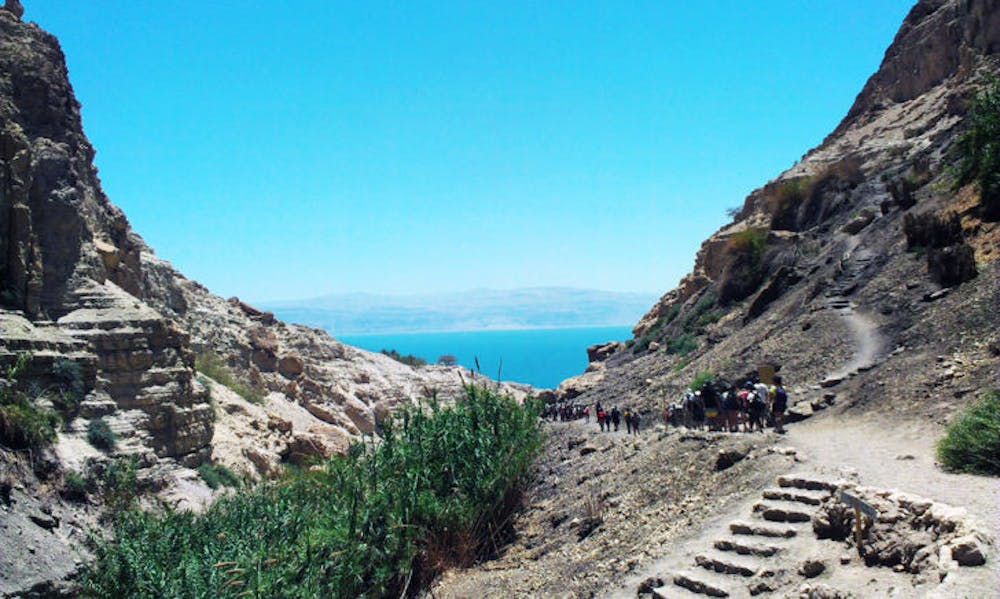 <p class="p1"><span class="s1">A group of UF students hikes in the Ein Gedi Nature Reserve, located near Israel’s Dead Sea, during a Birthright trip in May. UF Hillel takes Jewish students on the free, 10-day trip in the winter and summer.</span></p>