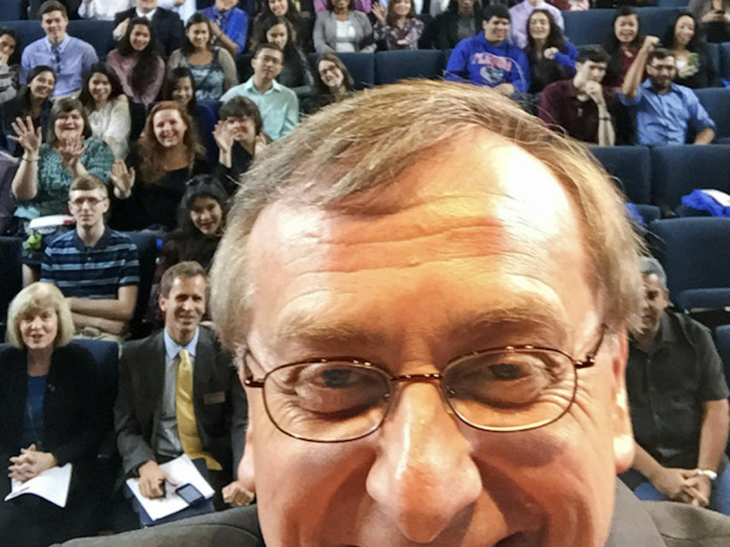 Fuchs takes a selfie in the University Auditorium at the Innovation Academy convocation Jan. 5.