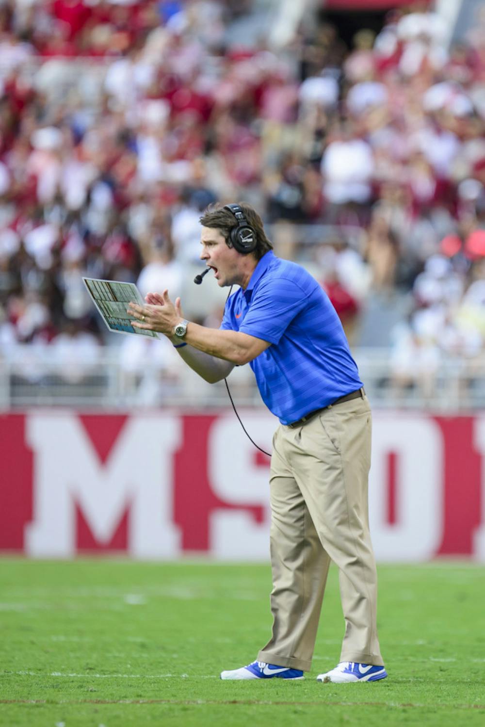 <p>Will Muschamp reacts after a play during Florida's 42-21 loss to Alabama on Saturday at Bryant-Denny Stadium.</p>