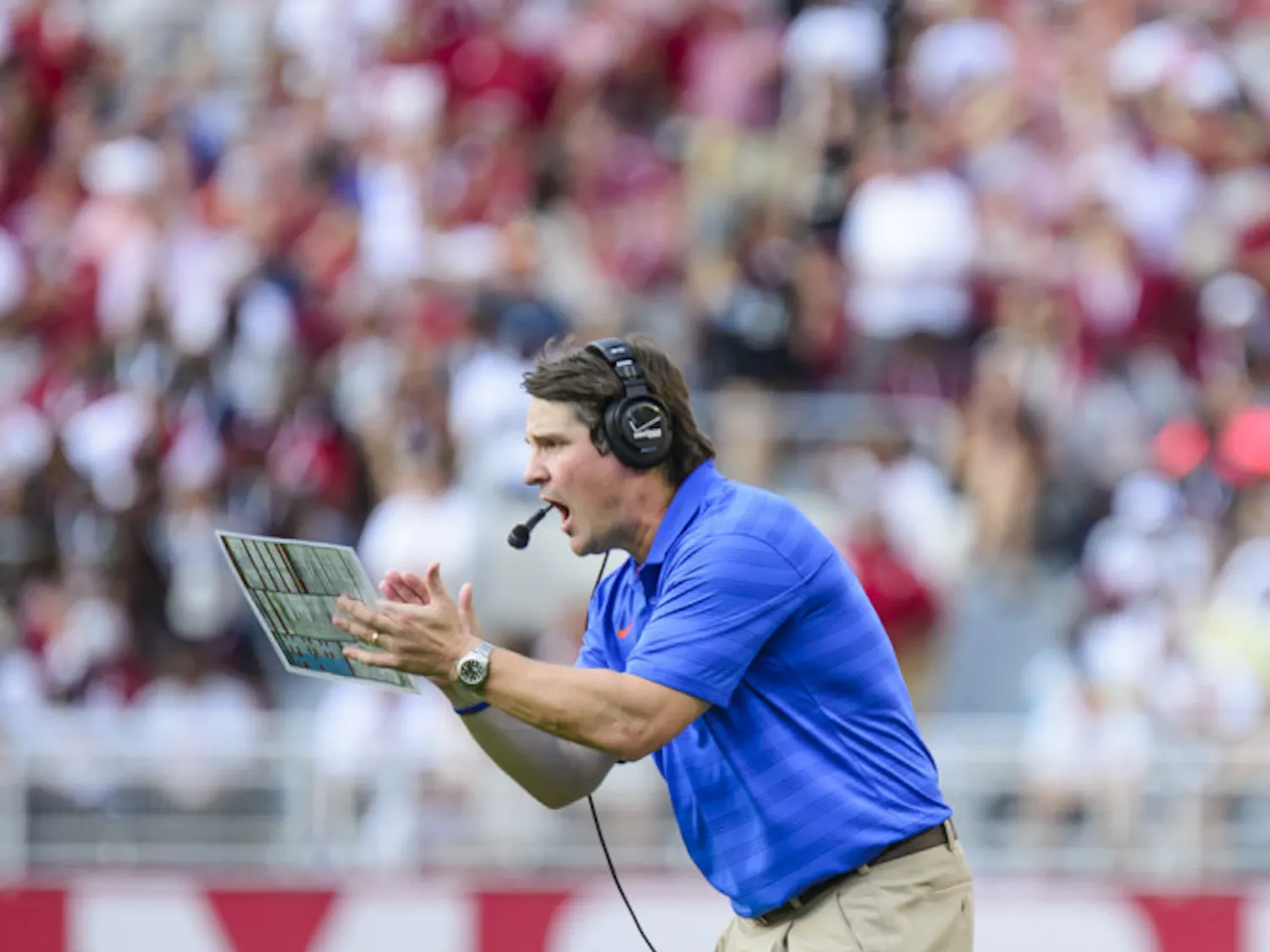 Will Muschamp reacts after a play during Florida's 42-21 loss to Alabama on Saturday at Bryant-Denny Stadium.