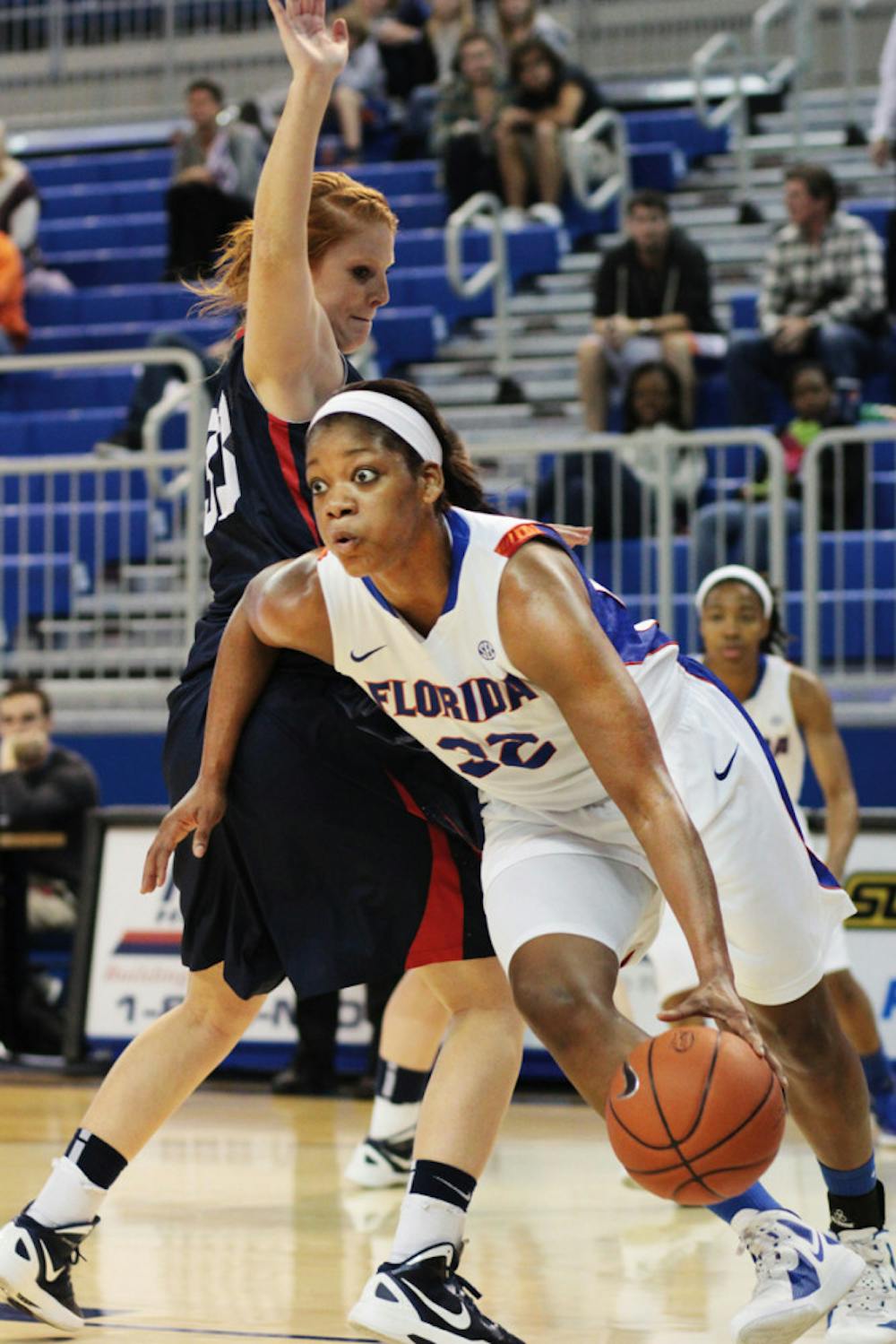 <p>Forward Jennifer George (right) led the Gators with 15 points in
Tuesday’s win.</p>