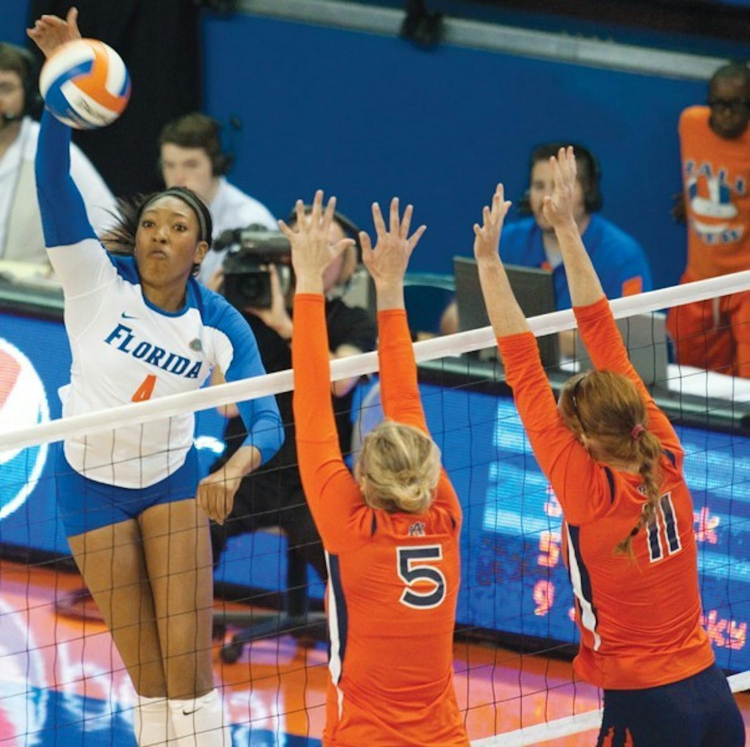 Tangerine Wiggs spikes the ball over the Auburn Tigers on Nov. 20, 2011.