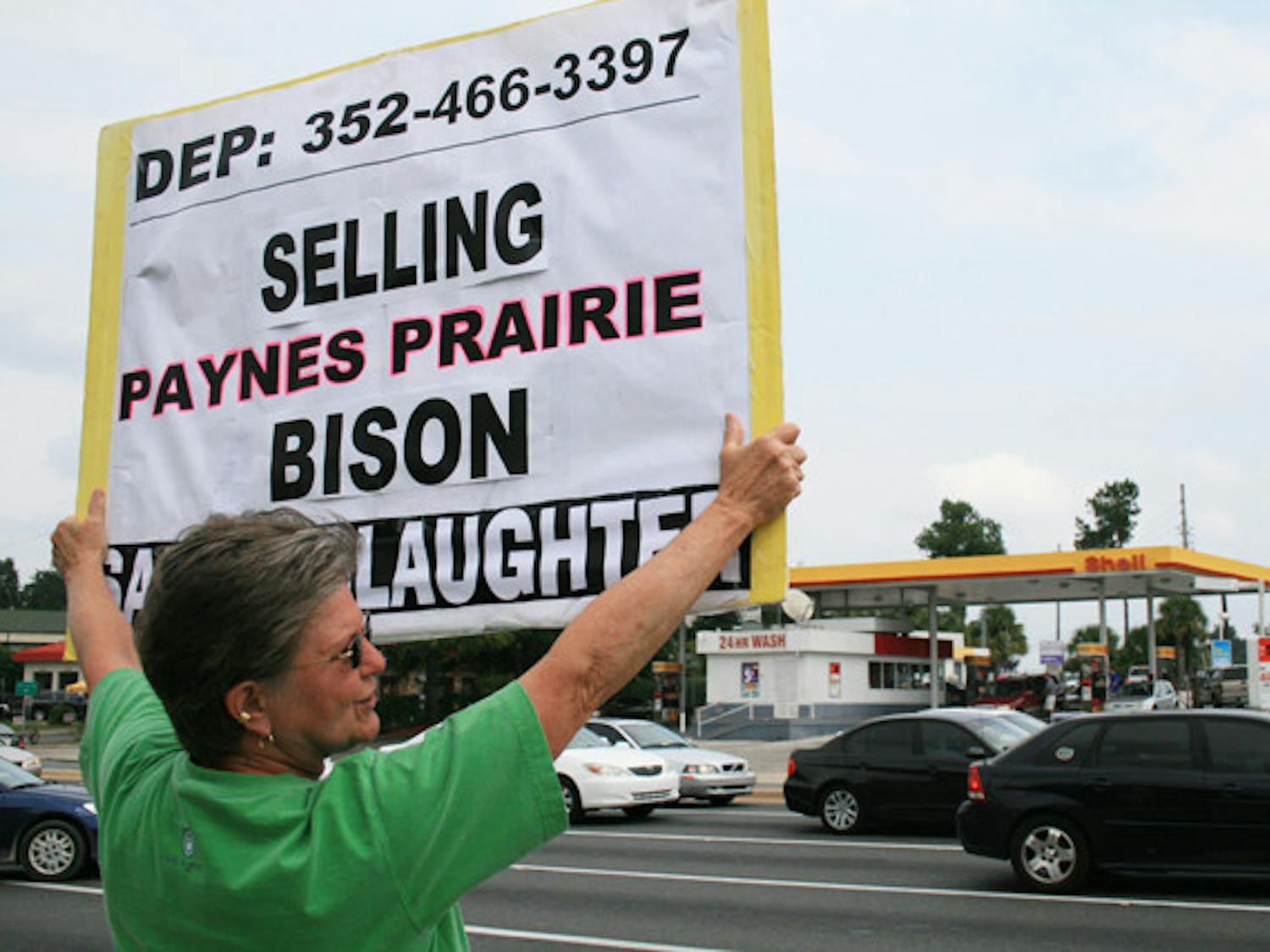 Sharon Nataline, 60, holds a sign on the corner of Archer Road and 34th Street to protest for the safe treatment of the bison at Paynes Prairie Preserve State Park.