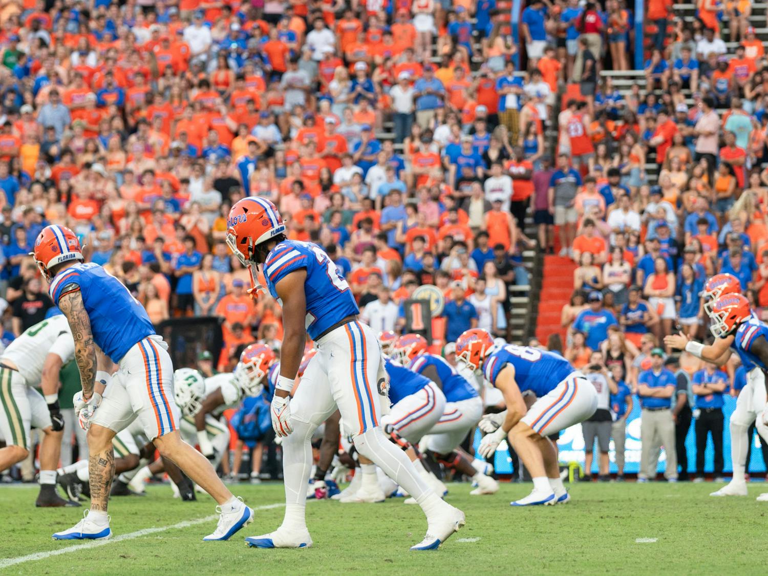 The Gators offense lines up in Florida's 22-7 win against the Charlotte 49ers on Saturday, Sept. 23, 2023.